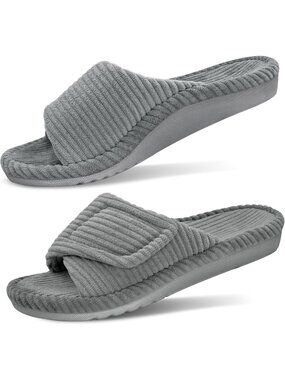 Women's Grey Orthopedic Arch Support Slippers Fuzzy Memory Foam Open Toe Slide